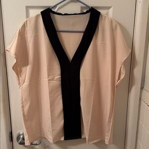 Cream and Black V-Neck Blouse